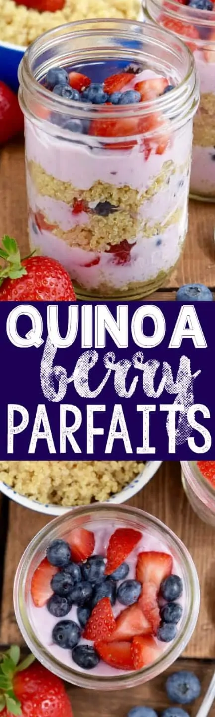 In glass mason jars, the Quinoa Berry Parfait had distinct layers of mixed berry yogurt, quinoa, sliced strawberries, and blueberries. 