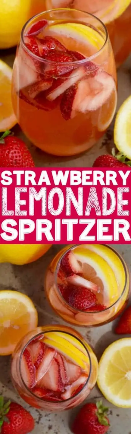 In a glass, the Strawberry Lemonade Spritzers have a light pink color with sliced strawberries and lemons. 