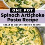 collage of photos of spinach artichoke pasta