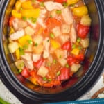 pinterest graphic of overhead of crockpot sweet and sour chicken in a slow cooker
