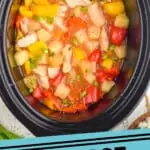 pinterest graphic of overhead of crockpot sweet and sour chicken in a slow cooker