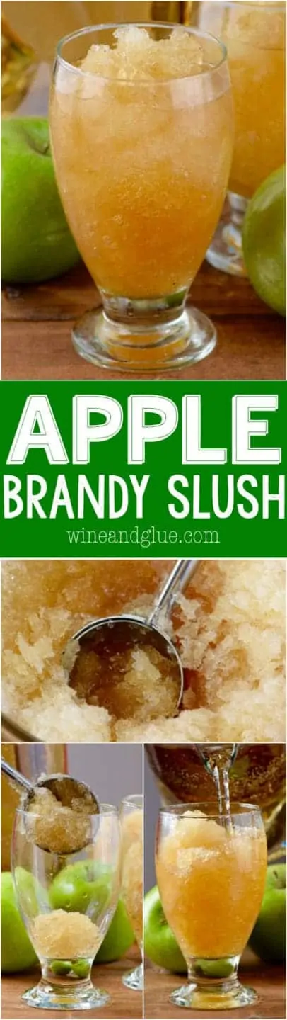 In a glass, the Apple Brandy Slush has a slushy like consistency and has a apple juice coloring. 