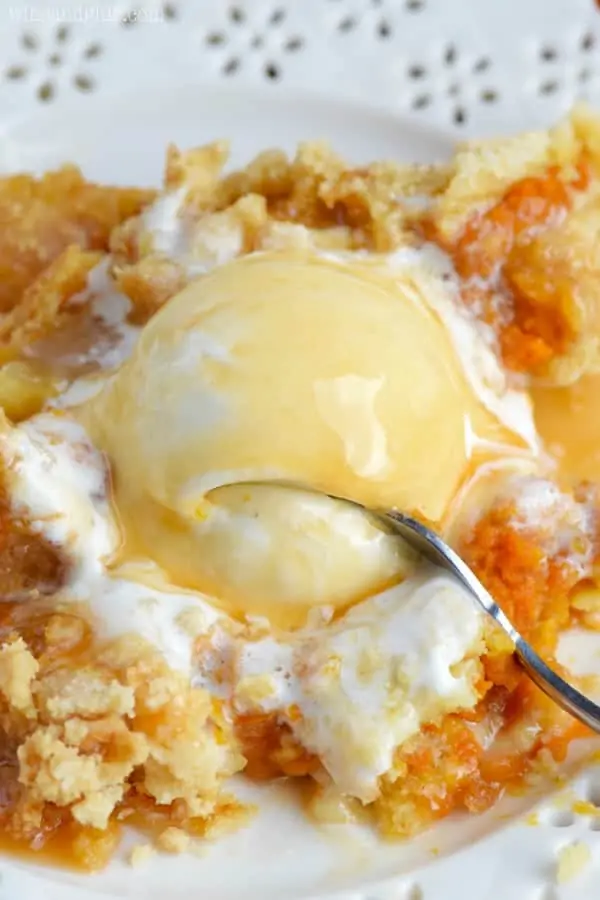 The Apple Pumpkin Dump Cake has a scoop of vanilla ice cream and caramel on top. 