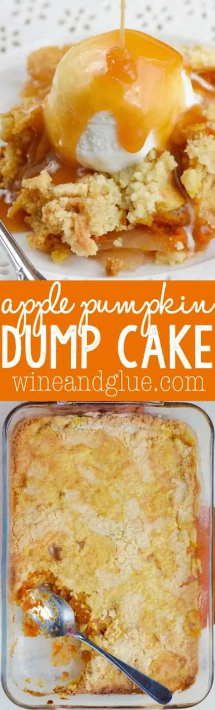 The Apple Pumpkin Dump Cake as a single scoop of vanilla ice cream on top while caramel is being poured. 