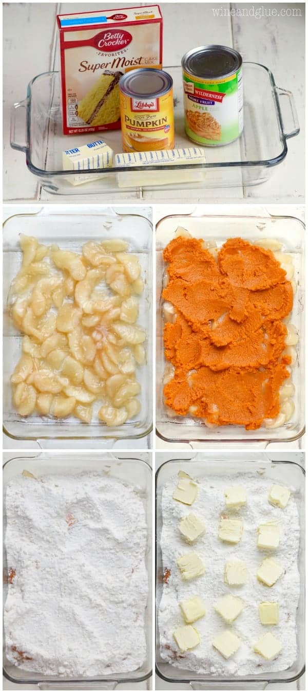 A collage on the creation of the Apple Pumpkin Dump Cake. A layer of sautéed apples, then pumpkin puree, then a layer of cake mix, and some cubed butter. 