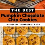 collage of photos of pumpkin chocolate chip cookies