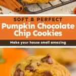 collage of photos of pumpkin chocolate chip cookies