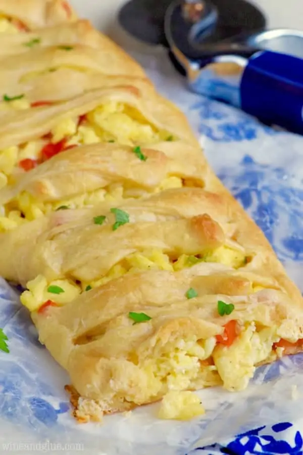 In the Breakfast Braid, there are fluffy eggs with peppers and the bread portion is golden brown. 