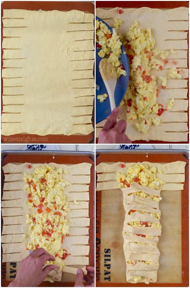 A collage on how the Breakfast Braid is created. First, the crescent roll dough is cut horizontal leaving in the middle four inches. Then, the fluffy eggs are scrapped into the middle of the crescent roll dough and then braided in. 