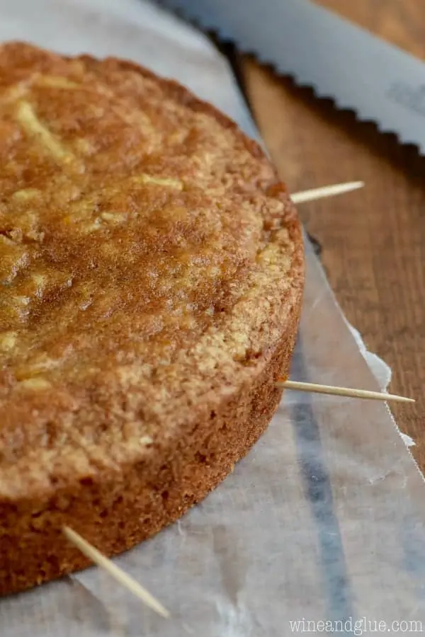 A close up photo of the cake portion of the Naked Apple Spice Cake with tooth picks in it to level the cake. 