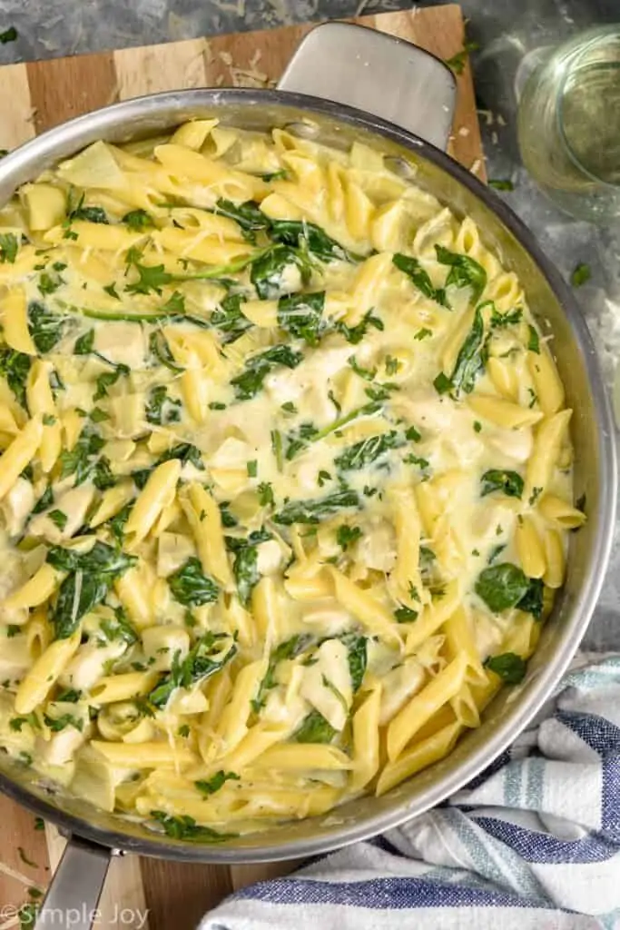 overhead view of one pot pasta recipe in a skillet