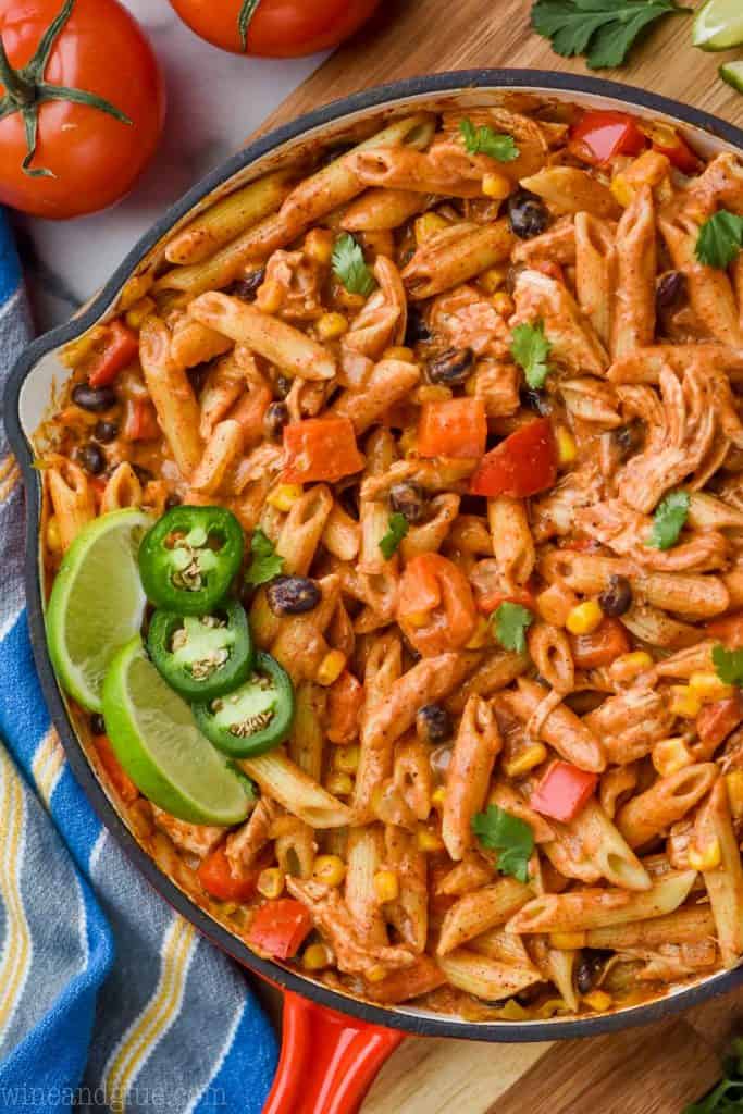 overhead view of southwestern one pot pasta alfredo recipe