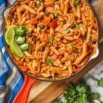 overhead view of one pot southwestern chicken alfredo pasta in skillet - 15