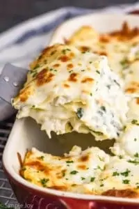a piece of chicken Alfredo lasagna being pulled out of the pan