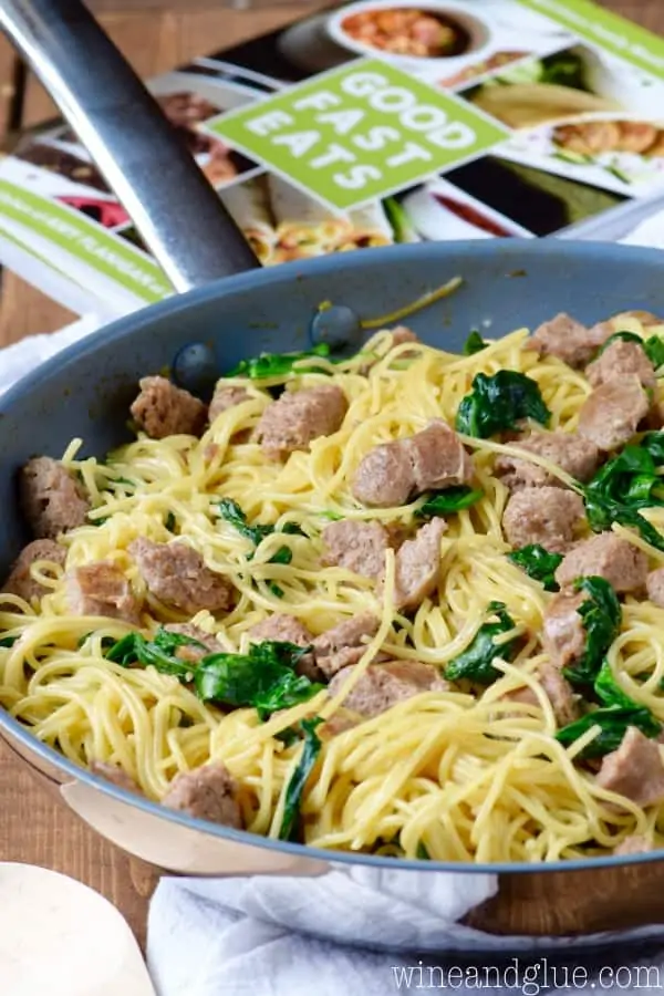 The One Pot Creamy Spaghetti and Sausage' ingredients all together in one sauce pan. 