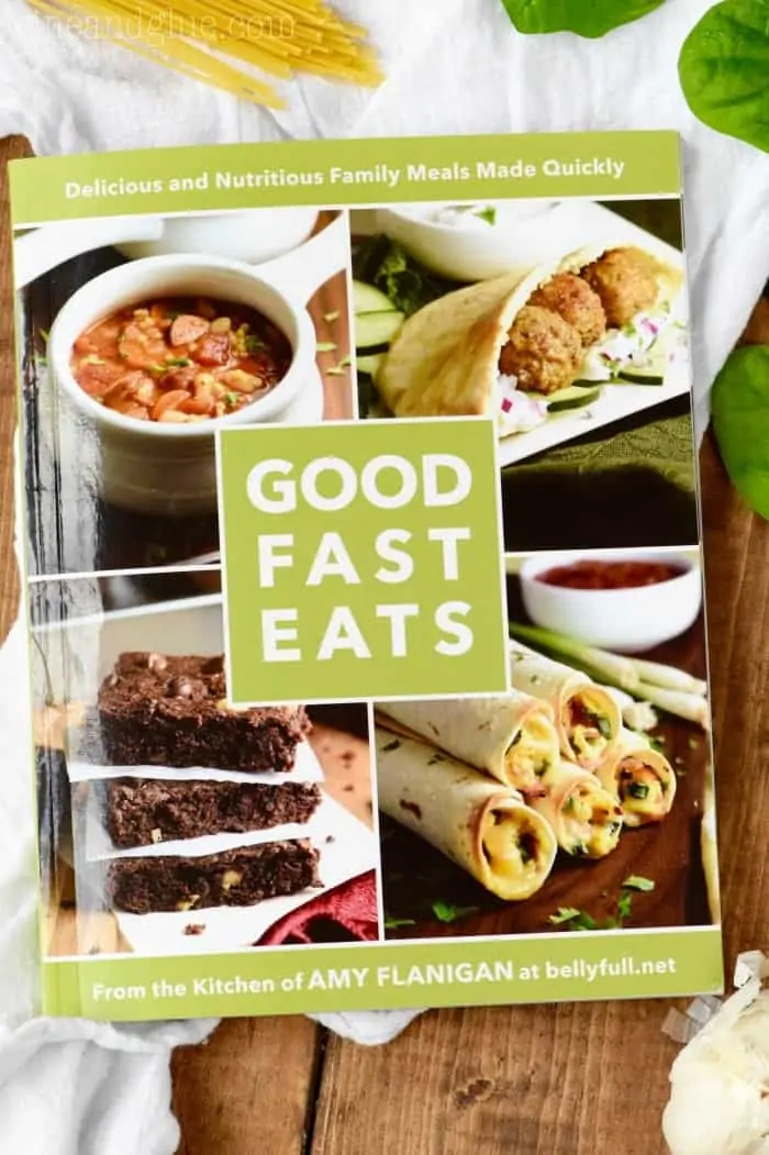 An overhead photo of the book Good Fast Eats by Amy Flanigan. 