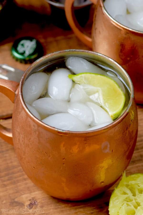 With a lime slice and ice cubes, the Margarita Moscow Mules are in a copper mug.