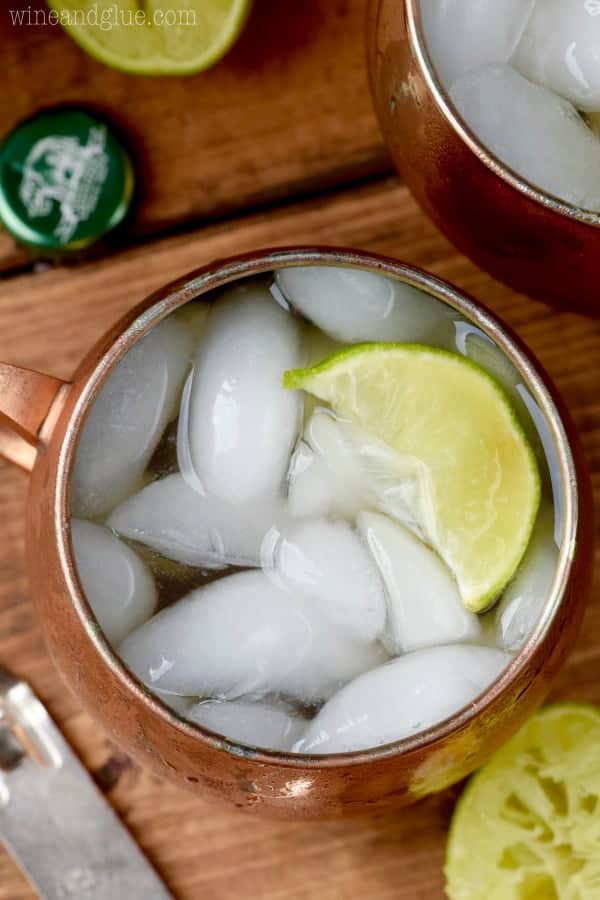An overhead photo of the Margarita Moscow Mules have ice cubes and a lime slice. 