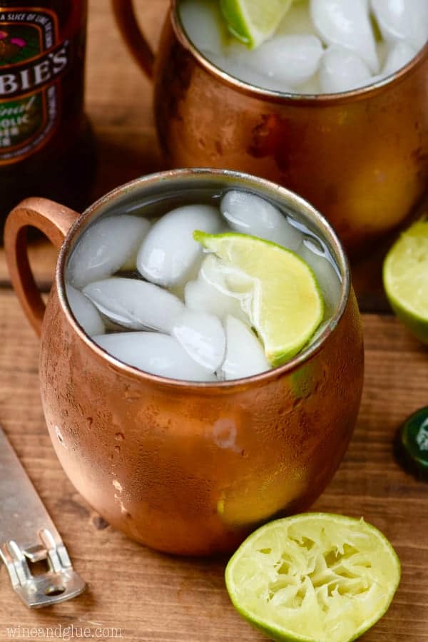 With a lime slice and ice cubes, the Margarita Moscow Mules are in a copper mug.