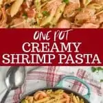 collage of one pot creamy shrimp pasta photos