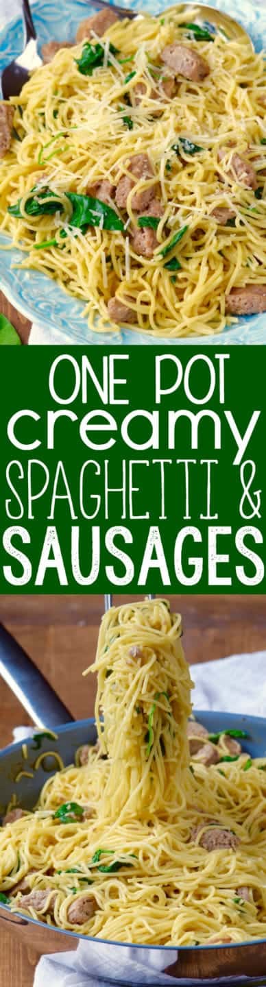 On a white plate, the One Pot Creamy Spaghetti Sausage has halved sausage slices and sautéed spinach topped with parmesan cheese. 