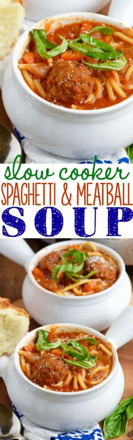 In a small white bowl, the Slow Cooker Spaghetti and Meatball Soup is topped with some cheese and basil. 