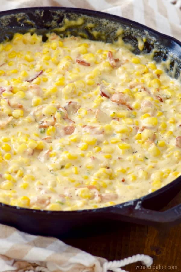 In a cast iron skillet, the Bacon Jalapeno Cream Corn is very creamy. 