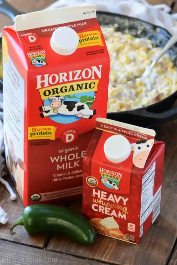 Horizon Organic Heavy Cream is in front of the Bacon Jalapeno Cream Corn. 