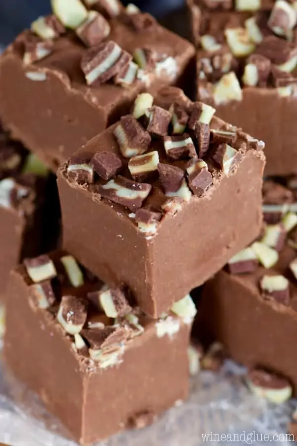 In little cubes, the Bailey's Fudge has chopped up Andes chocolate on top. 