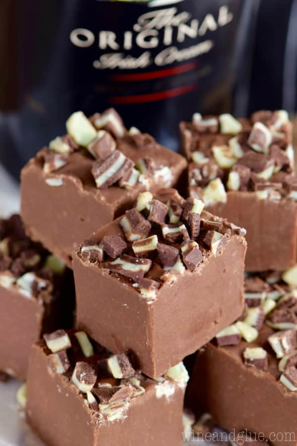 In little cubes, the Bailey's Fudge has chopped up Andes chocolate on top. 
