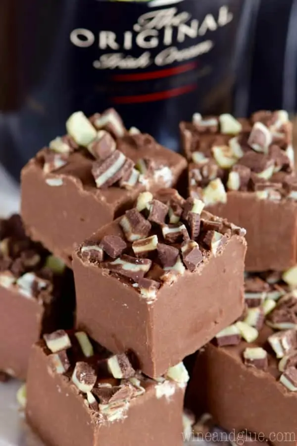 close up of a pile of Bailey's fudge topped with Ande's Candies pieces