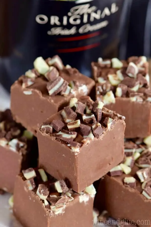 In little cubes, the Bailey's Fudge has chopped up Andes chocolate on top. 