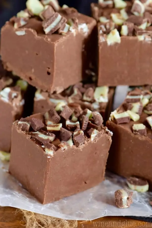 In little cubes, the Bailey's Fudge has chopped up Andes chocolate on top. 