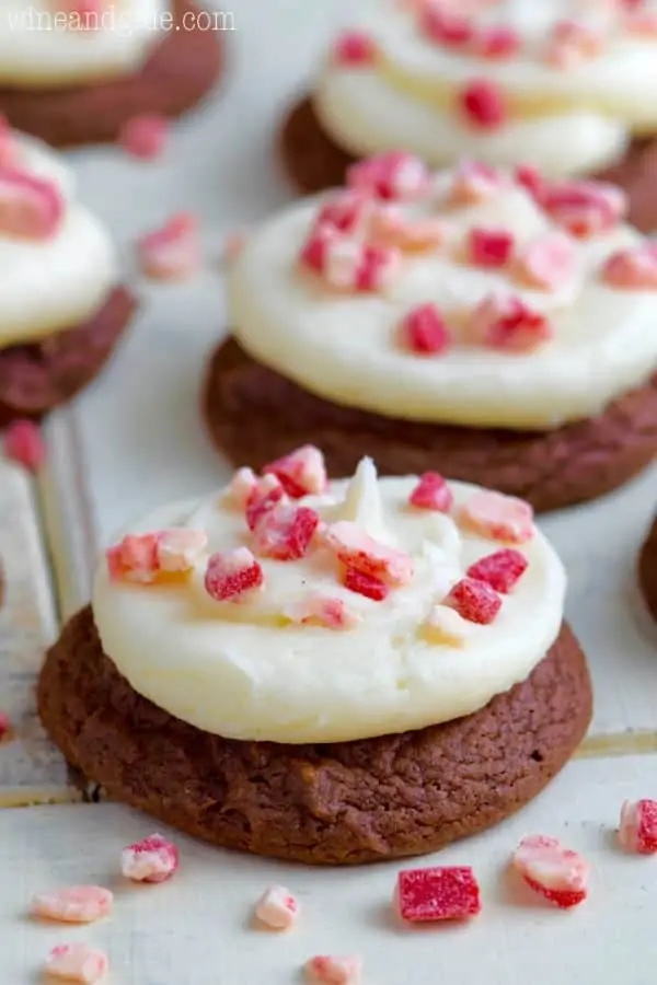 The Chocolate Peppermint Cake Mix Cookies has a dollop of white frosting and topped with broken Peppermints. 