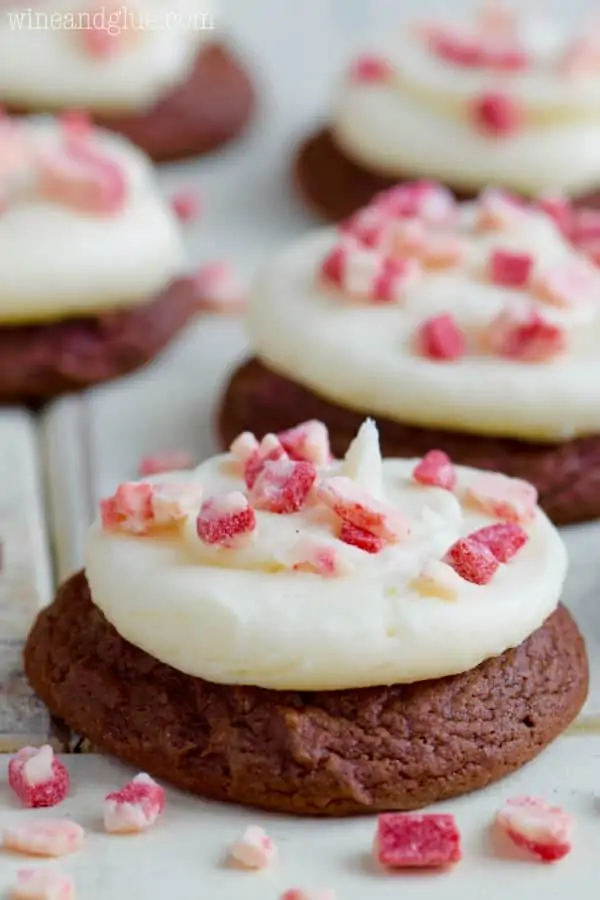 The Chocolate Peppermint Cake Mix Cookies has a dollop of white frosting and topped with broken Peppermints. 