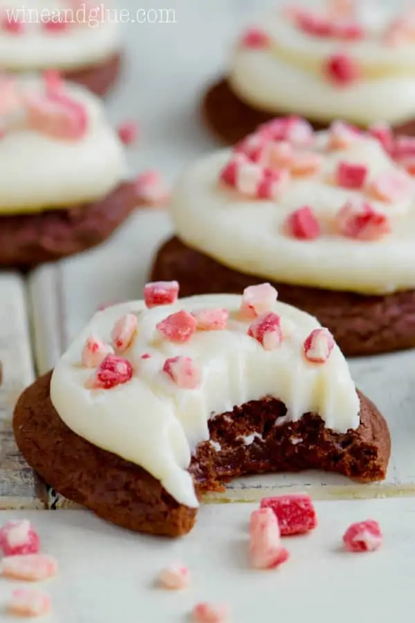 The Chocolate Peppermint Cake Mix Cookies has a little bite in it showing the fluffy interior. 