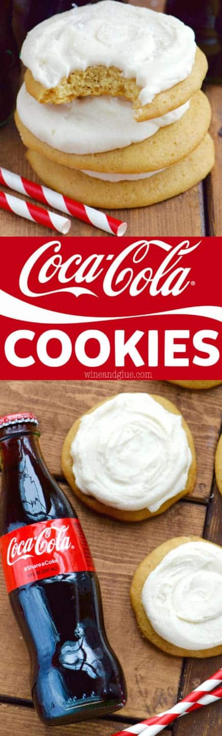 On its side, a glass Coca-Cola bottle is right next to two Coca-Cola Cookies. \