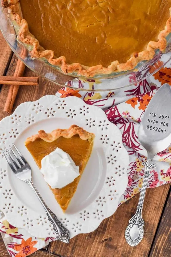 overhead view of a pumpkin pie recipe from scratch