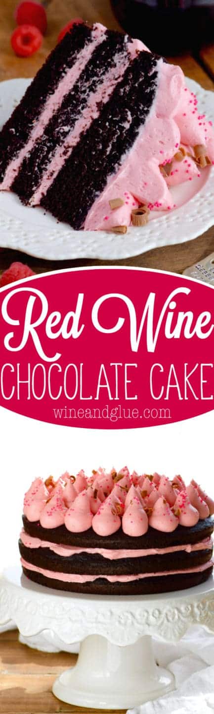 The Red Wine Chocolate has three layers has raw edges, pink frosting in the middle, and topped with cone like dollops of pink frosting, pink sprinkles, and shaved chocolate. 