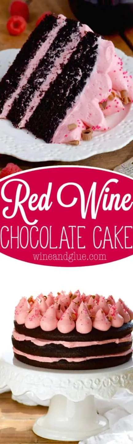 The Red Wine Chocolate has three layers has raw edges, pink frosting in the middle, and topped with cone like dollops of pink frosting, pink sprinkles, and shaved chocolate. 