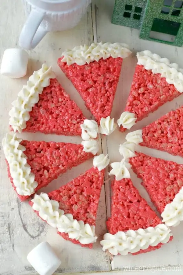 The Rice Krispies Santa Hat forms a small circle showing that the frosting is piped with a star tip 