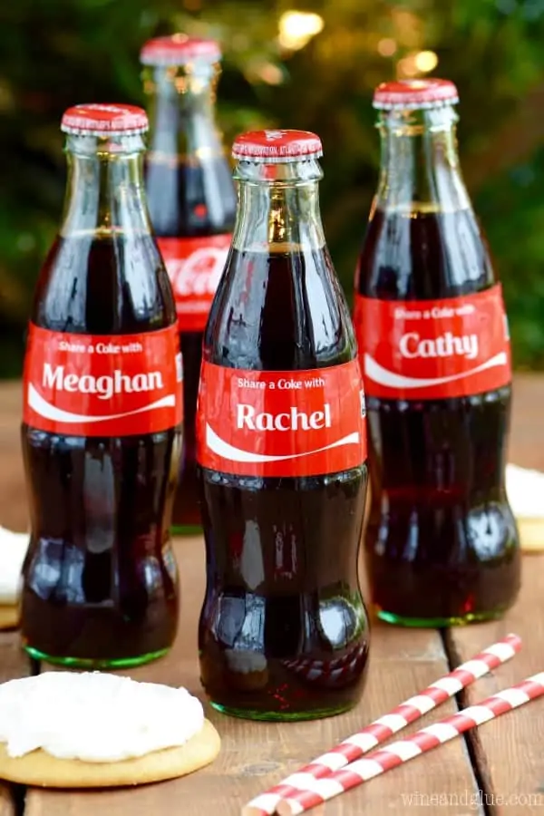 Glass Coca-Cola Bottles with the names Meaghan, Rachel, and Cathy on the label. 