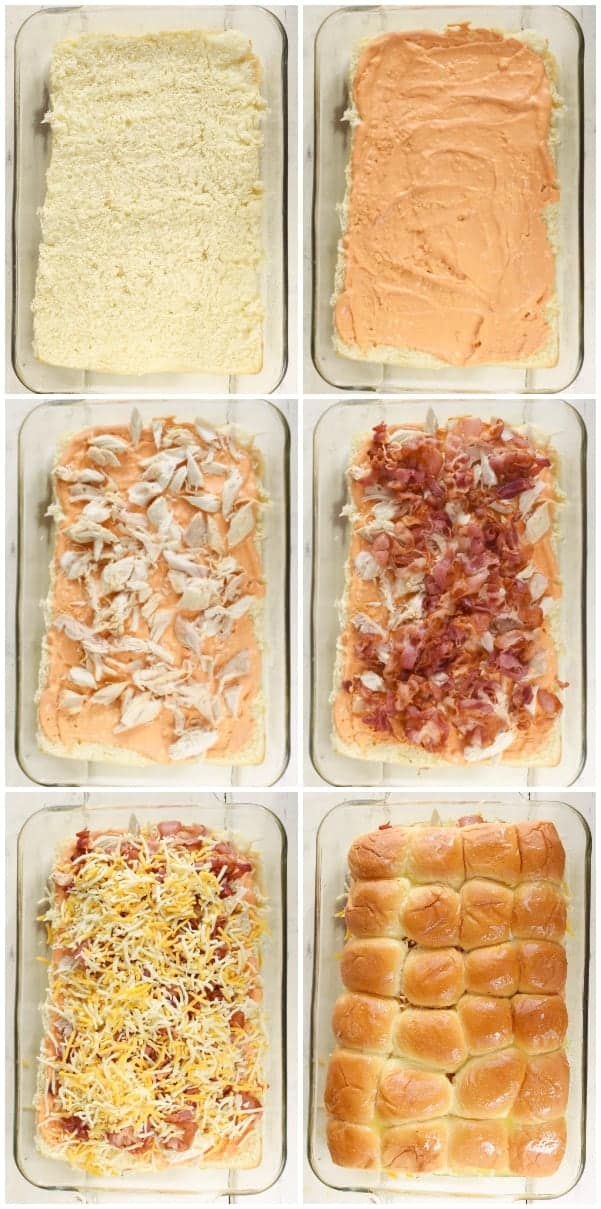 A collage of photos on how to make the Sriracha Back Sliders. (The Hawaiian bottom bun has sriracha mayo, then shredded chicken, bacon, shredded cheese, and the top bun)