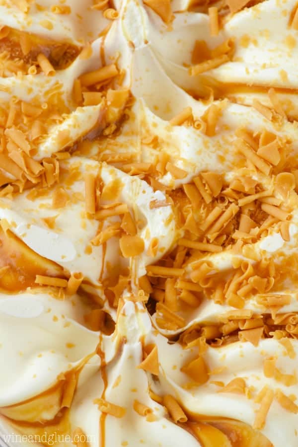 A close up photo of Breyer's Gelato Vanilla Caramel showing the caramel swirled into the gelato. 