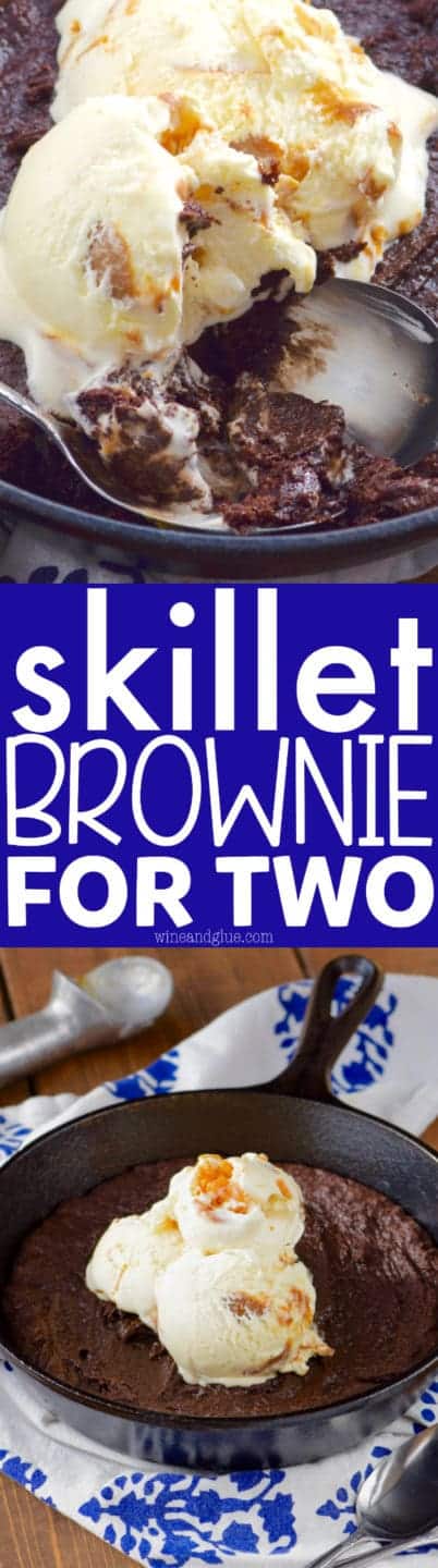 In a cast iron skillet, the Skillet Brownie is topped with caramel gelato. 