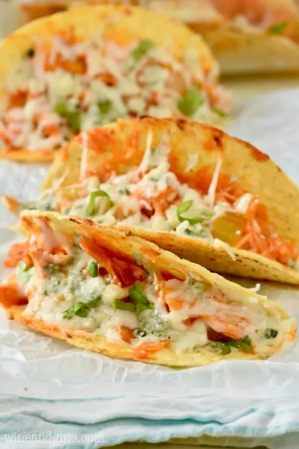 The Buffalo Baked Tacos are in hard taco shells filled with buffalo chicken and melted cheese. 