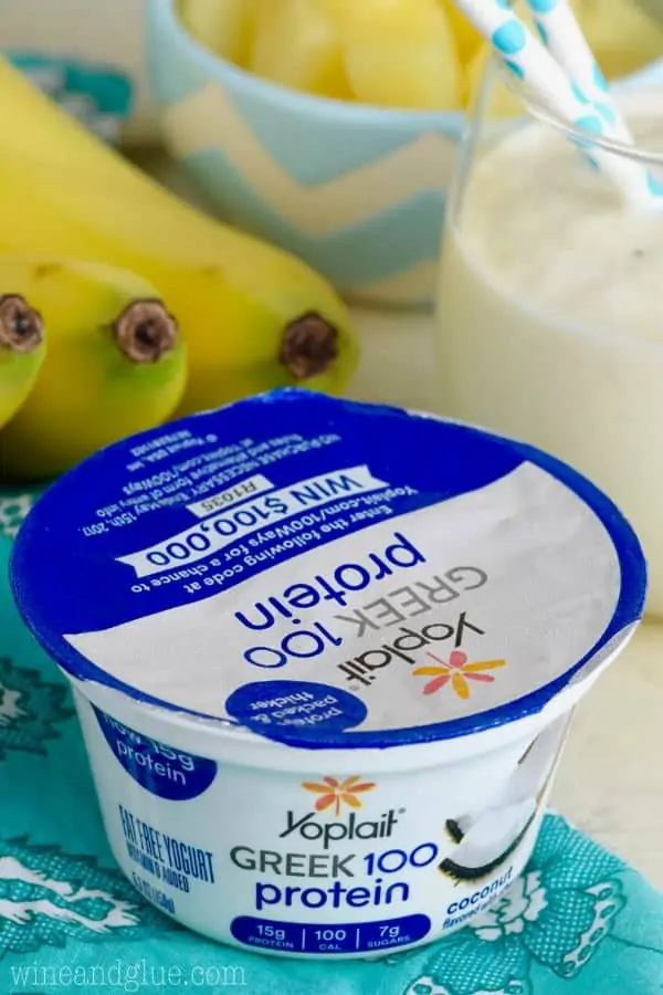 Yoplait's Greek yogurt flavored as coconut in a blue package. 