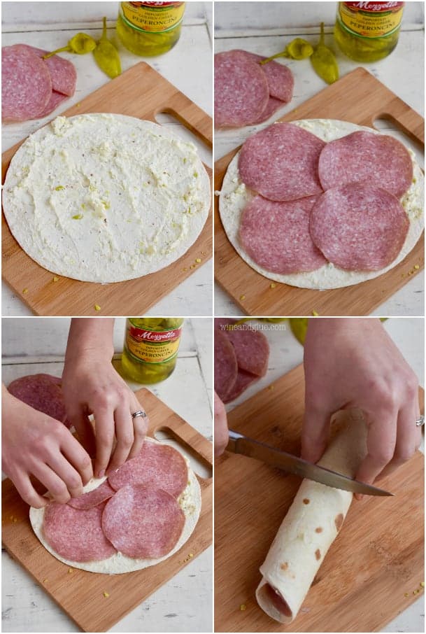 A collage of how to make the Italian Pinwheels. First, the cream cheese, cheese layer, and pepperoncini is spread on, then some deli meat. Lastly, the Italian Pinwheel is rolled into one. 