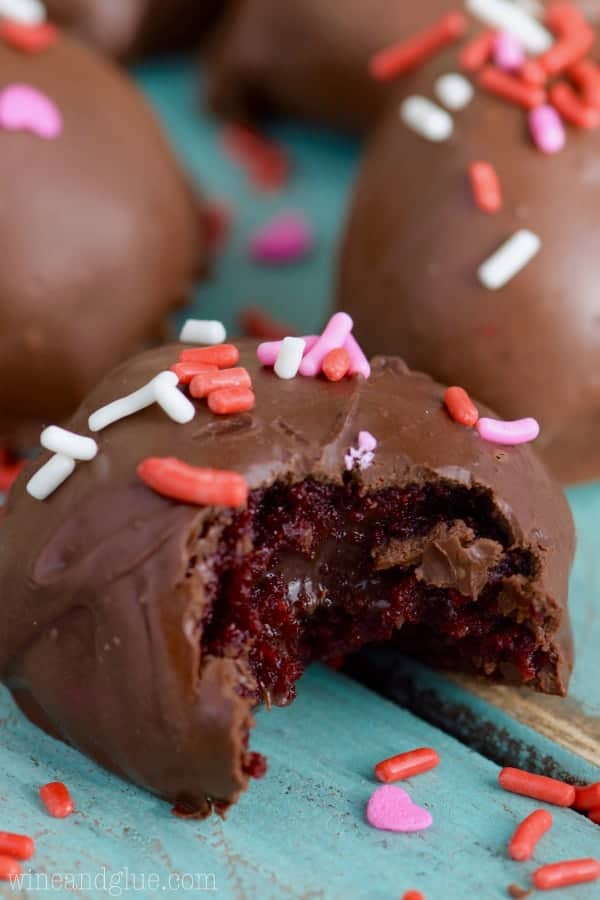 The Red Velvet Chocolate Ganache Truffles has a hard chocolate exterior topped with sprinkles and a soft cake interior with a little ganache in the middle. 