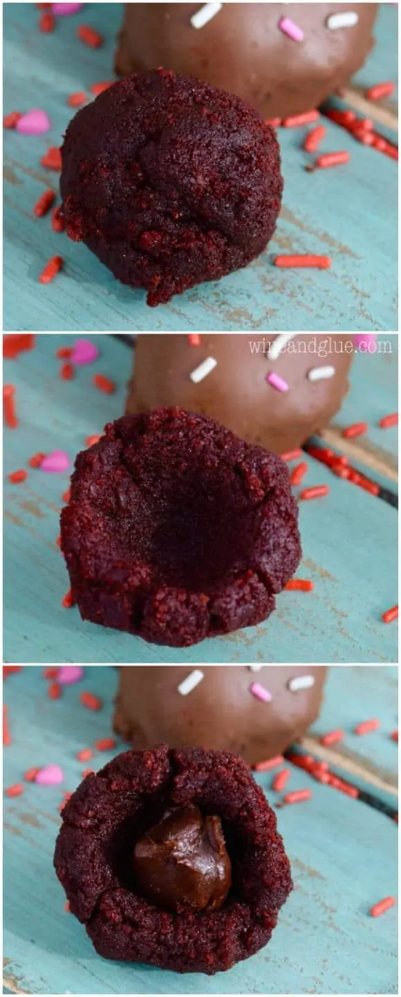 A collage of photos to the show the formation of the Red Velvet Chocolate Ganache Truffles which shows a hollow center and a dollop of chocolate ganache. 